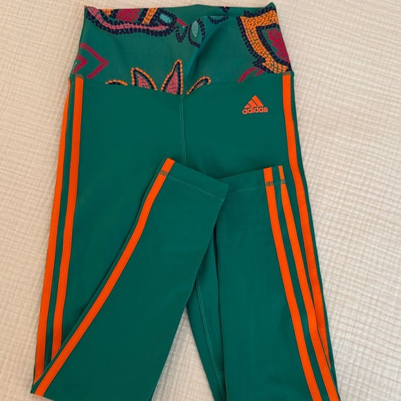 Adidas/Farm Rio Collab Green and Orange Leggings with Patterned Waistband - Picture 1 of 9